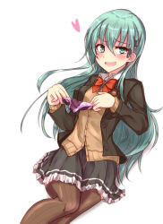 Rule 34 | 10s, 1girl, black jacket, black skirt, blouse, blush, brown sweater, brown thighhighs, buttons, cardigan, green eyes, green hair, hair ornament, hairclip, heart, holding, holding clothes, holding panties, holding underwear, jacket, kantai collection, kihou no gotoku dmc, long hair, neck ribbon, open mouth, panties, pleated skirt, purple panties, red ribbon, remodel (kantai collection), ribbon, school uniform, shirt, simple background, skirt, smile, solo, suzuya (kancolle), sweater, thighhighs, underwear, white background, white shirt