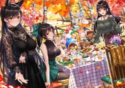 Rule 34 | 4girls, :d, ;d, animal, animal ears, apple, arm under breasts, atago (azur lane), autumn leaves, azur lane, bare shoulders, belt, belt buckle, birch tree, black belt, black camisole, black choker, black dress, black hair, black legwear, blue shorts, blurry, blurry background, blush, bottle, bow, bowl, breasts, brown eyes, brown shirt, brown skirt, buckle, camisole, casual, chair, choker, choukai (azur lane), closed mouth, commentary request, cup, day, denim, denim shorts, depth of field, dog, dress, drink, drinking glass, dutch angle, earrings, extra ears, fence, flower, food, fringe trim, fruit, fur-trimmed jacket, fur trim, green bow, green shirt, green skirt, hair between eyes, hair bow, hair flaps, hair ornament, high ponytail, highres, holding, holding plate, jacket, jewelry, large breasts, long hair, long sleeves, looking at viewer, maya (azur lane), medium breasts, mole, mole under eye, multiple girls, nose blush, off-shoulder shirt, off-shoulder sweater, off shoulder, on chair, one eye closed, open clothes, open jacket, open mouth, orange jacket, outdoors, pancake, pancake stack, pantyhose, pendant, pink flower, pink rose, plaid, plate, pleated skirt, ponytail, puffy long sleeves, puffy sleeves, purple flower, ribbon, rose, see-through, shirt, short hair, short shorts, shorts, silver hair, sitting, skirt, sleeveless, sleeveless shirt, smile, standing, sweater, swept bangs, swordsouls, table, tablecloth, takao (azur lane), tree, turtleneck, very long hair, white flower, white rose, wine glass