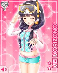 Rule 34 | 1girl, black hair, blue one-piece swimsuit, card (medium), closed eyes, girlfriend (kari), goggles, hair ornament, low twintails, morizono mei, navel, official art, one-piece swimsuit, open mouth, orange eyes, pink background, qp:flapper, shorts, smile, snorkel, solo, swimsuit, twintails