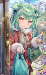 Rule 34 | 1girl, alternate costume, bag, blush, casual, commentary request, gloves, green hair, grocery bag, heavy breathing, highres, hololive, looking at viewer, red eyes, scarf, shopping bag, solo, torino aqua, uruha rushia, virtual youtuber, winter clothes