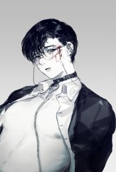 Rule 34 | blood, blood on face, chain, check copyright, collar, collared shirt, commentary, copyright request, cuts, dress shirt, earclip, eyebrow piercing, eyewear strap, glasses, haiyahaiyohai, highres, injury, jacket, long sleeves, looking at viewer, male focus, monochrome, nipples, o-ring, open clothes, open jacket, open shirt, original, parted lips, pectorals, piercing, shirt, short hair, simple background, solo, spot color, symbol-only commentary, upper body