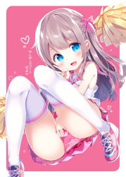 Rule 34 | 1girl, :d, bare shoulders, blue eyes, blush, bow, braid, brown hair, cheerleader, chikuwa., covering privates, covering crotch, hair bow, heart, highres, long hair, looking at viewer, open mouth, original, panties, pink background, pink bow, pink footwear, pink panties, pink skirt, pleated skirt, pom pom (cheerleading), shirt, shoes, skirt, sleeveless, sleeveless shirt, smile, sneakers, solo, thighhighs, translated, two-tone background, underwear, v, very long hair, white background, white shirt, white thighhighs