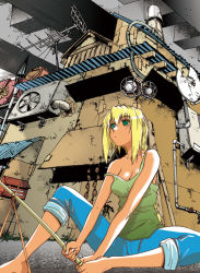Rule 34 | 1990s (style), 1girl, antennae, bare shoulders, barefoot, blonde hair, blush stickers, breasts, building, cleavage, excel, excel saga, fishing, fishing rod, green eyes, holding, holding fishing rod, medium breasts, rikudou koushi, sitting, solo, strap slip, tank top