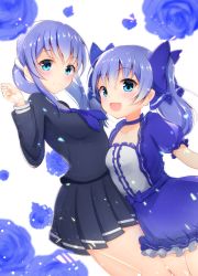 Rule 34 | 2girls, :3, :d, black shirt, black skirt, blue bow, blue choker, blue dress, blue eyes, blue flower, blue hair, blue neckerchief, blue rose, blurry, blurry foreground, blush, bow, breasts, choker, closed mouth, collarbone, commentary request, depth of field, dress, dual persona, flower, hair between eyes, hair bow, hand up, highres, long hair, multiple girls, neckerchief, nijisanji, open mouth, pleated skirt, puffy short sleeves, puffy sleeves, rose, shirt, short sleeves, simple background, skirt, small breasts, smile, twintails, virtual youtuber, white background, ymd (holudoun), yuuki chihiro, yuuki chihiro (1st costume), yuuki chihiro (2nd costume)