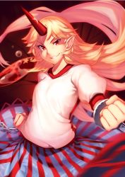 Rule 34 | 1girl, alcohol, blonde hair, blue skirt, cowboy shot, cuffs, cup, holding, holding cup, horns, hoshiguma yuugi, kaiza (rider000), long hair, looking at viewer, multicolored clothes, multicolored skirt, oni horns, pointy ears, red eyes, red horns, red skirt, sakazuki, sake, shackles, shirt, short sleeves, single horn, skirt, smile, solo, standing, star (symbol), star print, touhou, v-shaped eyebrows, white shirt