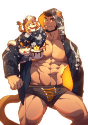 Rule 34 | 1boy, abs, absurdres, alca (wakatanka4), animal ears, bara, bare pectorals, beard, black hair, black jacket, black male underwear, boxer briefs, bulge, cake, chibi, commission, creature, creature on shoulder, cross-laced underwear, facial hair, fang, feet out of frame, food, forgetch (chen0for), gyee, highres, hood, hood up, hooded jacket, jacket, large pectorals, lion boy, lion ears, lion tail, looking at viewer, male focus, male underwear, mature male, muscular, muscular male, navel, nipples, no pants, on shoulder, open clothes, open jacket, original, pectorals, print jacket, red eyes, short hair, smile, solo, stomach, tail, textless version, thick eyebrows, thick thighs, thighs, underwear