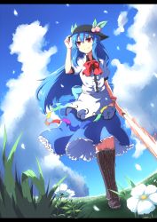 Rule 34 | 1girl, black hat, blue hair, boots, cloud, cross-laced footwear, day, dress, female focus, flower, food, fruit, grass, hand on headwear, hat, highres, hinanawi tenshi, knee boots, kuro goma (kakkou11), lace-up boots, letterboxed, peach, petals, red eyes, revision, scenery, sky, smile, solo, sword of hisou, touhou, whitesesame, wind
