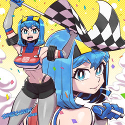 Rule 34 | 1girl, autobot, black shorts, blue eyes, blue hair, breasts, checkered flag, cigarette, crop top, flag, genderswap, genderswap (mtf), grey pantyhose, holding, holding cigarette, holding flag, humanization, medium breasts, midriff, navel, open mouth, pantyhose, parted lips, race queen, shorts, smile, smokescreen (transformers), smoking, sunafuki tabito, transformers