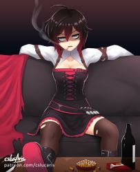 Rule 34 | 1girl, ahoge, ashtray, black hair, boots, bottle, breasts, cape, cigarette, couch, cslucaris, eyebrows, grey eyes, multicolored hair, open mouth, red hair, ruby rose, rwby, short hair, sitting, smoking, solo, table, two-tone hair