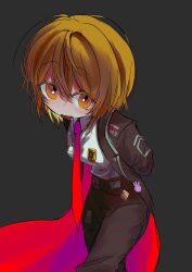 Rule 34 | 1girl, absurdres, badge, black background, black coat, black pants, blonde hair, coat, collared shirt, don quixote (project moon), em3ang, high-waist pants, highres, limbus company, long sleeves, looking at viewer, necktie, open mouth, pants, project moon, red coat, red necktie, shirt, short hair, simple background, smile, solo, sticker, two-sided coat, two-sided fabric, white shirt, wing collar, yellow eyes