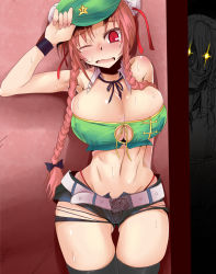 Rule 34 | 2girls, alternate costume, alternate hairstyle, belt, black legwear, blush, bow, braid, breasts, bursting breasts, cleavage, dateya torahachi, double bun, dragon, eastern dragon, fang, female focus, glowing, glowing eyes, hair bow, hair bun, hat, highres, hip focus, hong meiling, huge breasts, izayoi sakuya, large breasts, long hair, maid, maid headdress, multiple girls, navel, one eye closed, open mouth, red eyes, red hair, short shorts, shorts, side braid, single braid, smile, star (symbol), sweat, thigh gap, thighhighs, touhou, twin braids, veins, when you see it, wide hips, wink, wristband, you gonna get raped