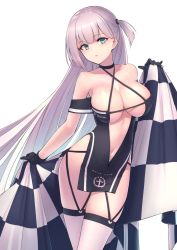 Rule 34 | 1girl, alternate costume, azur lane, bare shoulders, black dress, black gloves, blunt bangs, breasts, checkered flag, choker, cleavage, clothes writing, collarbone, copyright name, criss-cross halter, dress, flag, gloves, halter dress, halterneck, hand up, highres, holding, itaco, large breasts, long hair, looking at viewer, mole, mole under eye, navel, one side up, parted lips, race queen, revealing clothes, shoukaku (azur lane), shoukaku (sororal wings) (azur lane), simple background, sleeveless, sleeveless dress, solo, standing, thighhighs, thighs, unzipped, very long hair, white background, white hair, white thighhighs, wide hips, zipper, zipper pull tab