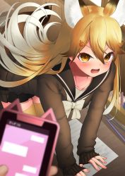 Rule 34 | 1girl, absurdres, alternate costume, angry, animal ear fluff, animal ears, bent over, black skirt, blonde hair, blurry, blurry foreground, blush, bow, bowtie, brown hair, cellphone, collarbone, comic lo, deku suke, extra ears, ezo red fox (kemono friends), fang, fox ears, fox girl, fox tail, gradient hair, hair between eyes, hair ornament, hairclip, highres, holding, holding phone, iphone x, japari symbol, kemono friends, long hair, long sleeves, multicolored hair, open mouth, orange eyes, paper, pen, phone, pleated skirt, pov, pov hands, school uniform, serafuku, skirt, sleeves past wrists, smartphone, solo focus, tail, text messaging, thighhighs, v-shaped eyebrows, very long hair, white bow, white hair, white neckwear, yellow thighhighs, zettai ryouiki