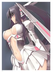 Rule 34 | 10s, 1girl, armor, black background, border, breasts, character request, cleavage, facepaint, from side, gauntlets, green eyes, headgear, headphones, headpiece, highres, image sample, large breasts, long hair, looking afar, navel, parted lips, ponytail, profile, purple hair, shining (series), shining hearts, shining world, shoulder armor, shoulder pads, simple background, skirt, solo, pauldrons, standing, stomach, teeth, thighs, tony taka, very long hair, white border, white skirt