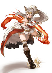 Rule 34 | 10s, 1girl, absurdres, aliza (granblue fantasy), animal ears, ao (aocooler), bare shoulders, boots, dress, erune, fire, granblue fantasy, hair slicked back, highres, long hair, open mouth, ponytail, red eyes, silver hair, skirt, solo, very long hair