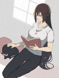 Rule 34 | 1girl, black cat, black pants, book, brown hair, cat, closed mouth, holding, holding book, kantai collection, kasumi (skchkko), long hair, nagato (kancolle), open book, pants, petting, red eyes, shirt, short sleeves, sitting, smile, solo, very long hair, white shirt, window