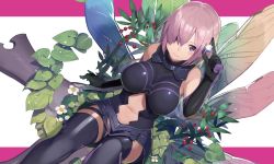 Rule 34 | 1girl, armor, armored boots, armored dress, bare shoulders, black footwear, black gloves, black thighhighs, blush, boots, breasts, closed mouth, clothing cutout, dutch angle, elbow gloves, fate/grand order, fate (series), flower, food, fruit, gem, glint, gloves, greaves, hair over one eye, highres, holding, katsudansou, large breasts, leaf, looking at viewer, mash kyrielight, navel, navel cutout, one eye covered, pink background, plant, purple eyes, purple hair, saint quartz (fate), short hair, simple background, sitting, sleeveless, smile, solo, stomach, thigh strap, thighhighs, two-tone background, white background, white flower