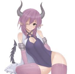 Rule 34 | 1girl, brown eyes, cleavage cutout, clothing cutout, demon girl, elbow gloves, female focus, gloves, horns, monorino, one eye closed, original, pointy ears, purple hair, simple background, solo, tail, thighhighs, white background, wink