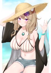 Rule 34 | 1girl, adjusting clothes, adjusting headwear, animal ears, arknights, bare shoulders, beach, bikini, bikini top only, blonde hair, blush, bracelet, breasts, ceresia8327, cleavage, closed mouth, collarbone, commentary request, cowboy shot, denim, denim shorts, eyewear on head, fang, female focus, hat, highres, jewelry, large breasts, looking at viewer, navel, necklace, official alternate costume, partial commentary, purple eyes, shorts, sitting, skin fang, solo, striped bikini, striped clothes, sun hat, sunglasses, swimsuit, swimsuit cover-up, tail, utage (arknights), utage (summer flowers) (arknights), vertical-striped bikini, vertical-striped clothes, waving