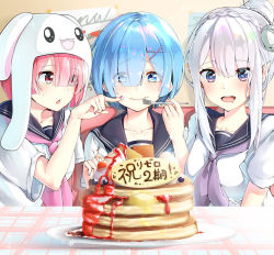 Rule 34 | 3girls, :d, animal hat, black sailor collar, blue eyes, blue hair, blueberry, braid, breasts, chestnut mouth, collarbone, commentary request, crown braid, drooling, eating, emilia (re:zero), food, food on face, fork, fruit, furrowed brow, hair bun, hair ornament, hair over one eye, hand up, hat, heart, heart-shaped pupils, highres, holding, holding fork, indoors, long hair, looking at another, looking at viewer, matching hair/eyes, medium breasts, momonoko noko, mouth drool, multiple girls, nail polish, neckerchief, open mouth, pancake, parted lips, pink hair, pink nails, pink neckerchief, plate, ram (re:zero), re:zero kara hajimeru isekai seikatsu, red eyes, rem (re:zero), sailor collar, school uniform, serafuku, shirt, short hair, short sleeves, side-by-side, silver hair, single hair bun, sitting, smile, sweatdrop, symbol-shaped pupils, syrup, table, wavy mouth, white shirt, x hair ornament