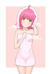 Rule 34 | 1girl, absurdres, after bathing, artist request, breasts, covering privates, covering breasts, female focus, highres, holding, holding towel, long hair, love live!, love live! nijigasaki high school idol club, naked towel, pink hair, short hair, small breasts, tennoji rina, towel, towel on head