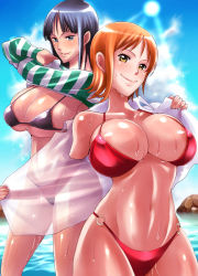 Rule 34 | 2girls, bikini, black bikini, black hair, blue eyes, blue sky, breasts, brown eyes, cleavage, clothes lift, curvy, dress, haikawa hemlen, huge breasts, large breasts, long hair, multiple girls, nami (one piece), navel, nico robin, nico robin (strong world), one piece, one piece: strong world, orange hair, red bikini, rock, shirt, short hair, sky, smile, standing, sweater, sweater lift, swimsuit, thick thighs, thighs, undressing, water