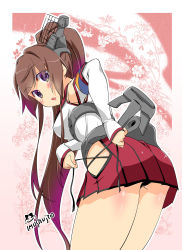 Rule 34 | 10s, 1girl, adjusting clothes, ass, brown hair, detached sleeves, glasses, highres, imu sanjo, kantai collection, long hair, looking at viewer, open mouth, pleated skirt, ponytail, purple eyes, skirt, solo, yamato (kancolle)