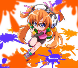 Rule 34 | 1girl, bike shorts, blue eyes, cosplay, dodging, domino mask, headphones, highres, houjou hibiki, ink tank, ink tank (splatoon), inkling (cosplay), inkling player character, layered clothes, layered sleeves, leg up, long hair, long sleeves, looking at viewer, mask, nintendo, orange hair, paint splatter, precure, ryuuta (cure ryuuta), shirt, shoes, short over long sleeves, short sleeves, single vertical stripe, sneakers, solo, splatoon (series), splatoon 1, splattershot (splatoon), standing, suite precure, super soaker, t-shirt, twintails, wristband