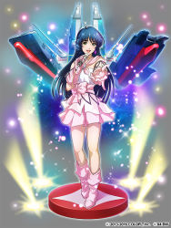 Rule 34 | 1girl, ankle boots, artist request, bare legs, bare shoulders, blue hair, boots, bow, brooch, cannon, choujikuu yousai macross, commentary, copyright name, daedalus, dress, earrings, faux figurine, full body, gem, gloves, green eyes, idol, jewelry, layered dress, long hair, looking at viewer, lynn minmay, machinery, macross, macross: do you remember love?, mecha, outstretched arm, outstretched hand, pink bow, pink dress, pink footwear, pink gloves, pink skirt, prometheus (ship), robot, round teeth, science fiction, sdf-1, skirt, solo, spacecraft, sparkle, stage lights, teeth, turret, u.n. spacy, watermark