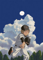 Rule 34 | 1boy, amber389, baseball, baseball cap, baseball glove, black footwear, black sleeves, blue sky, brown eyes, brown hair, cape, chinese commentary, closed mouth, cloud, cumulonimbus cloud, day, hat, heel up, looking up, male focus, original, outdoors, pants, shirt, shoes, short hair, short sleeves, sky, solo, standing, standing on one leg, tree, white pants, white shirt