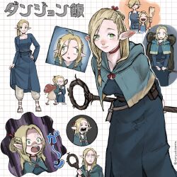 Rule 34 | 2girls, aged down, backpack, bag, belt pouch, blonde hair, blue capelet, blue robe, book, book holster, braid, broom, capelet, chibi, child, choker, crying, dungeon meshi, ears down, elf, french braid, green eyes, grid background, hair between eyes, half updo, hand on another&#039;s head, hand on own hip, hashtag-only commentary, headpat, highres, holding, holding broom, holding staff, hood, hood down, hooded capelet, leaning forward, long hair, long hair between eyes, long sleeves, marcille&#039;s mother, marcille crying (meme), marcille donato, meme, mother and daughter, multiple braids, multiple girls, multiple views, mushroom, pants, parted bangs, pointy ears, ponytail, pouch, robe, sandals, scared, scene reference, side braid, skirt hold, smile, staff, standing, teriyakisanta, twin braids, twintails, updo, walking mushroom (dungeon meshi), wall-eyed, white pants