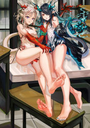 Rule 34 | 2girls, absurdres, arknights, bandeau, barefoot, black hair, blonde hair, chinese clothes, dusk (arknights), feet, foot focus, foreshortening, hair over one eye, highres, horns, huge filesize, licking lips, long hair, looking at viewer, multicolored hair, multiple girls, nail polish, nian (arknights), nian (unfettered freedom) (arknights), official alternate costume, parted lips, pointy ears, purple eyes, red bandeau, red eyes, sitting, soles, streaked hair, tail, toenail polish, toenails, toes, tongue, tongue out