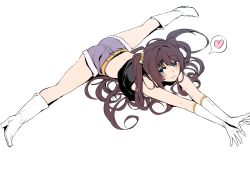 Rule 34 | 1girl, akagi asahito, aqua eyes, ass, belt, black shirt, blush, boots, full body, gloves, heart, high heel boots, high heels, highres, long hair, looking at viewer, open mouth, outstretched arms, purple shorts, shirt, short shorts, shorts, simple background, smile, solo, split, spoken heart, sweat, tamasaka makoto, tokyo 7th sisters, twintails, very long hair, white background, white gloves