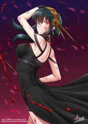Rule 34 | 1girl, adsouto, arm up, black dress, black hair, blood, blood on clothes, blood on face, bloody weapon, breasts, closed mouth, dagger, dress, dual wielding, earrings, eye trail, floating hair, flower, from side, gold earrings, gold hairband, hair flower, hair ornament, hairband, highres, holding, holding dagger, holding knife, holding weapon, jewelry, knife, large breasts, light trail, long hair, looking at viewer, looking to the side, patreon username, red eyes, rose, short hair with long locks, signature, solo, spikes, spy x family, stiletto (weapon), twitter username, watermark, weapon, web address, yor briar