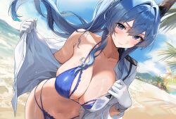 1girl beach bikini blue_bikini blue_eyes blue_hair blush breasts collarbone floating_hair gijang gloves goddess_of_victory:_nikke hair_intakes helm_(aqua_marine)_(nikke) helm_(nikke) highres large_breasts long_hair looking_at_viewer navel open_clothes open_shirt outdoors ponytail shirt single_bare_shoulder solo stomach sweat swimsuit very_long_hair white_gloves white_shirt