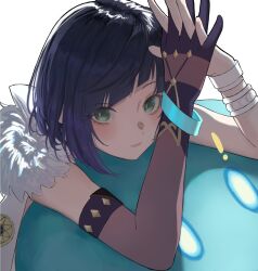 Rule 34 | 1girl, bangle, black gloves, black hair, blush, bracelet, closed mouth, commentary request, elbow gloves, genshin impact, gloves, gradient hair, green eyes, highres, interlocked fingers, jacket, jacket on shoulders, jewelry, looking at viewer, megumui 9, multicolored hair, purple eyes, simple background, single elbow glove, single glove, slime (genshin impact), upper body, white background, white jacket, yelan (genshin impact)