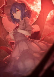 Rule 34 | 1girl, ascot, bat wings, blue hair, bow, dress, frilled dress, frilled skirt, frills, full moon, hand on own chest, hat, hat ribbon, ibuki notsu, jpeg artifacts, looking at viewer, mob cap, moon, puffy short sleeves, puffy sleeves, red eyes, red moon, remilia scarlet, ribbon, shoes, short hair, short sleeves, skirt, skirt set, smile, socks, solo, touhou, wings, wrist cuffs