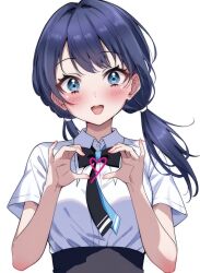 1girl :d alt_text black_bow black_bowtie black_necktie black_skirt blue_hair blush bow bowtie breasts collared_shirt commentary_request commission dress_shirt hair_intakes heart heart_hands heart_in_heart_hands high-waist_skirt highres link!_like!_love_live! long_hair looking_at_viewer love_live! low_twintails medium_breasts murano_sayaka murano_sayaka_(summer_casual) necktie open_mouth shirt short_sleeves simple_background skeb_commission skirt smile solo sonoda_sumire teeth twintails upper_body upper_teeth_only virtual_youtuber white_background white_shirt