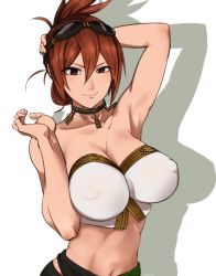 Rule 34 | 1girl, arm behind head, armpits, breasts, cleavage, covered erect nipples, folded ponytail, goggles, goggles on head, large breasts, midriff, navel, red hair, sagara1990, sengoku taisen, simple background, smirk, solo, sugino ookata, white background