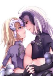 Rule 34 | 2girls, ahoge, asymmetrical docking, black gloves, blonde hair, blue eyes, blush, braid, breast press, breasts, capelet, chain, couple, dual persona, elbow gloves, face-to-face, fate/grand order, fate (series), female focus, fingerless gloves, from side, gloves, hakomaru (pandora box), headgear, headpiece, height difference, holding hands, interlocked fingers, jeanne d&#039;arc (fate), jeanne d&#039;arc (ruler) (fate), jeanne d&#039;arc alter (avenger) (fate), jeanne d&#039;arc alter (fate), large breasts, long hair, looking at another, looking down, looking up, midriff, multiple girls, parted lips, profile, sideboob, silver hair, single braid, standing, upper body, yellow eyes, yuri