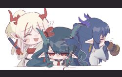 Rule 34 | 3girls, :d, = =, ^ ^, afterimage, arknights, blue hair, blush stickers, closed eyes, collared shirt, commentary request, cosinecocosine, dusk (arknights), gourd, green hair, hair between eyes, headpat, highres, holding, holding paintbrush, horns, jacket, letterboxed, ling (arknights), multicolored hair, multiple girls, necktie, nian (arknights), open clothes, open jacket, open mouth, paintbrush, pointy ears, ponytail, profile, red eyes, red hair, red necktie, shirt, siblings, simple background, sisters, sleeveless, sleeveless shirt, smile, streaked hair, tail, v-shaped eyebrows, white background, white hair, white jacket, white shirt