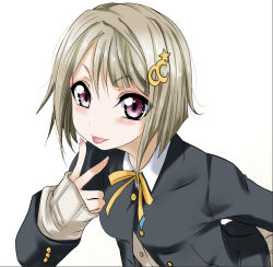 Rule 34 | 1girl, :p, artist name, artist request, black jacket, blush, bow, bowtie, breasts, brown hair, buttons, cardigan, collared shirt, crescent, crescent hair ornament, female focus, grey hair, hair ornament, highres, jacket, light brown hair, long sleeves, looking at viewer, love live!, love live! nijigasaki high school idol club, medium breasts, nail, nail polish, nakasu kasumi, neck ribbon, nijigasaki academy school uniform, parted lips, pink eyes, pink nails, pink nails, purple eyes, ribbon, school uniform, shirt, short hair, smile, solo, star (symbol), sweater, sweater vest, tongue, tongue out, upper body, v, vest, white background, white shirt, yellow bow, yellow cardigan, yellow ribbon, yellow sweater