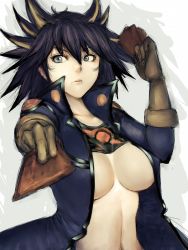 Rule 34 | 00s, 1girl, black hair, blue eyes, breasts, card, fudo yusei, fumio (rsqkr), genderswap, genderswap (mtf), gloves, holding, holding card, jacket, large breasts, multicolored hair, open clothes, open shirt, shirt, short hair, solo, streaked hair, yu-gi-oh!, yu-gi-oh! 5d&#039;s, yu-gi-oh (card)