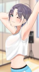 Rule 34 | 0923 azu, 1girl, ;), ahoge, armpits, arms up, asakura toru, blurry, blurry background, blush, breasts, cropped shirt, earrings, from side, highres, idolmaster, idolmaster shiny colors, indoors, jewelry, looking at viewer, medium breasts, midriff, mirror, navel, one eye closed, pants, purple hair, shirt, short hair, smile, solo, stomach, sweat, track pants, white shirt