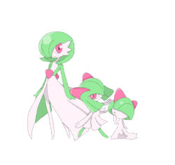 Rule 34 | 1other, 2girls, arms at sides, blunt bangs, bob cut, bowl cut, closed mouth, colored skin, creatures (company), evolutionary line, facing another, flat chest, from behind, from side, full body, game freak, gardevoir, gen 3 pokemon, green hair, green skin, hair over one eye, hand to own mouth, hand up, happy, kirlia, looking at viewer, medium hair, multicolored skin, multiple girls, nintendo, okakaume, one eye covered, open mouth, pokemon, pokemon (creature), ralts, red eyes, short hair, sidelocks, simple background, sketch, smile, standing, two-tone skin, white background, white skin