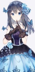 Rule 34 | 1girl, bad id, bad pixiv id, blue eyes, blue flower, blue hair, blue rose, blue skirt, brown gloves, bug, butterfly, closed mouth, dress, flower, gloves, grey background, hair flower, hair ornament, hands up, highres, idolmaster, idolmaster cinderella girls, idolmaster cinderella girls starlight stage, index finger raised, insect, jewelry, light smile, long hair, looking at viewer, migolu, mole, mole under eye, necklace, rose, sagisawa fumika, simple background, skirt, solo, standing, tiara