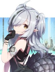 Rule 34 | 1girl, arknights, armband, black choker, black dress, black gloves, black hair, choker, crocodilian tail, dress, from side, gloves, grey eyes, hair over one eye, highres, large tail, multicolored hair, one eye covered, partially fingerless gloves, pointy ears, ryota tentei, solo, streaked hair, tail, tomimi (arknights), two side up, yellow eyes