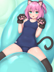 Rule 34 | 1girl, :d, animal ears, animal hands, aqua eyes, balloon, black thighhighs, blue one-piece swimsuit, blush, breasts, cat ears, cat tail, fake animal ears, gloves, green eyes, highres, looking at viewer, medium hair, one-piece swimsuit, open mouth, original, paw gloves, pink hair, sasaame, school swimsuit, small breasts, smile, solo, swimsuit, tail, thighhighs