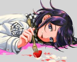 Rule 34 | 1boy, blush, checkered clothes, checkered neckwear, checkered scarf, danganronpa (series), danganronpa v3: killing harmony, food, food on face, fork, fruit, grey background, hair between eyes, holding, holding fork, long sleeves, lying, male focus, on stomach, oma kokichi, purple eyes, purple hair, renshu usodayo, scarf, simple background, solo, straitjacket, strawberry, tongue, tongue out, upper body, whipped cream