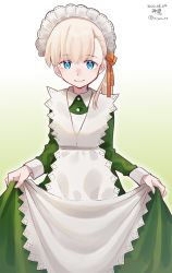 Rule 34 | apron, blonde hair, blue eyes, blunt bangs, character name, commentary request, dated, dress, gradient background, green dress, hair ornament, highres, kantai collection, long hair, looking at viewer, maid, maid headdress, official alternate costume, one-hour drawing challenge, shin&#039;you (kancolle), skirt hold, twitter username, u yuz xx, white apron, yellow background